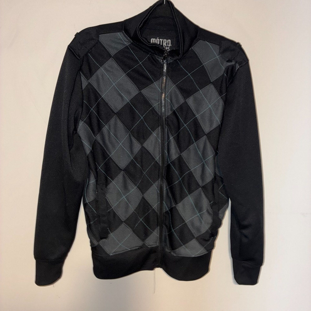 Metro Black Rue21 Men's Size S Zip Up Jacket Argyle Diamond Pattern